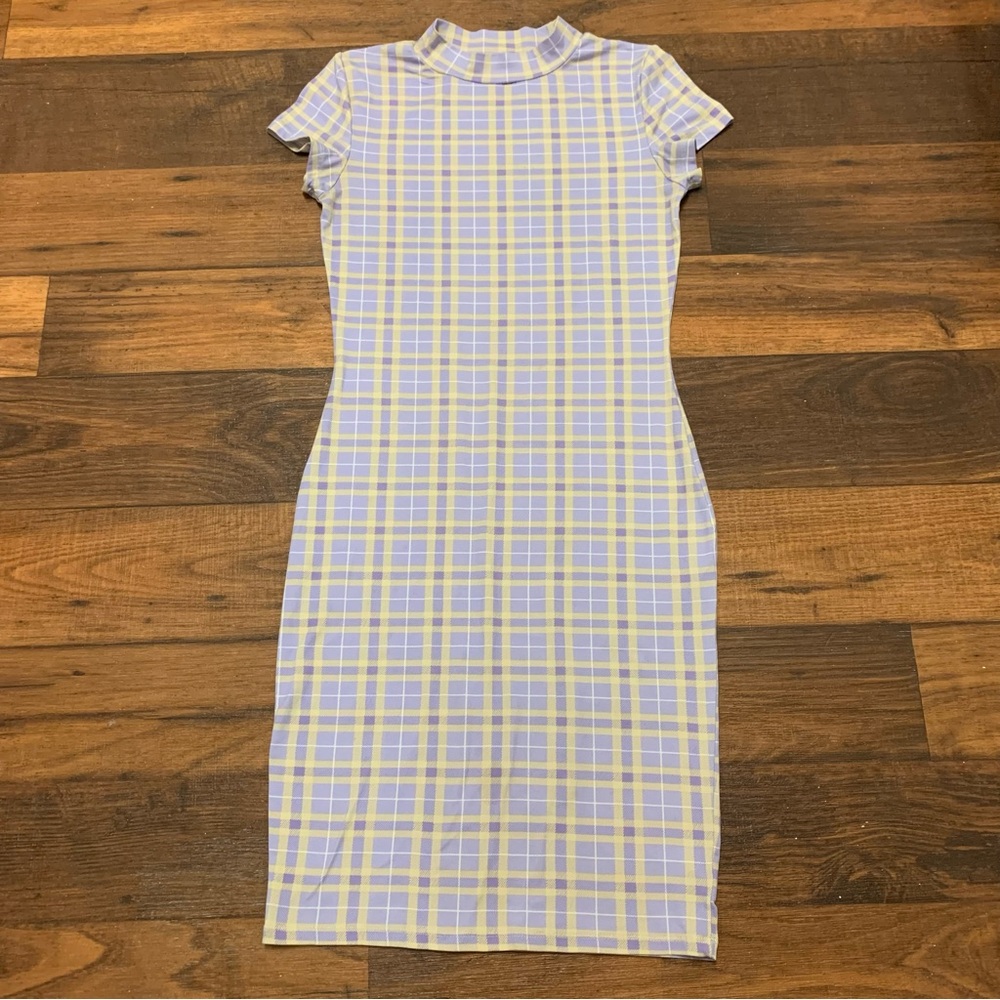 Absolutely Love it Women's Plaid Dress M, Lilac Yellow, Pencil Bodycon Stretch